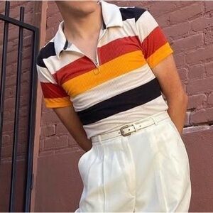 Striped Polo Crop Top Shirt with Zipper